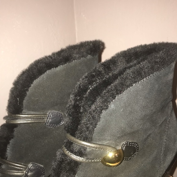 Coach Black Fur and Suede Gold Button Ankle Boots - Picture 6 of 8